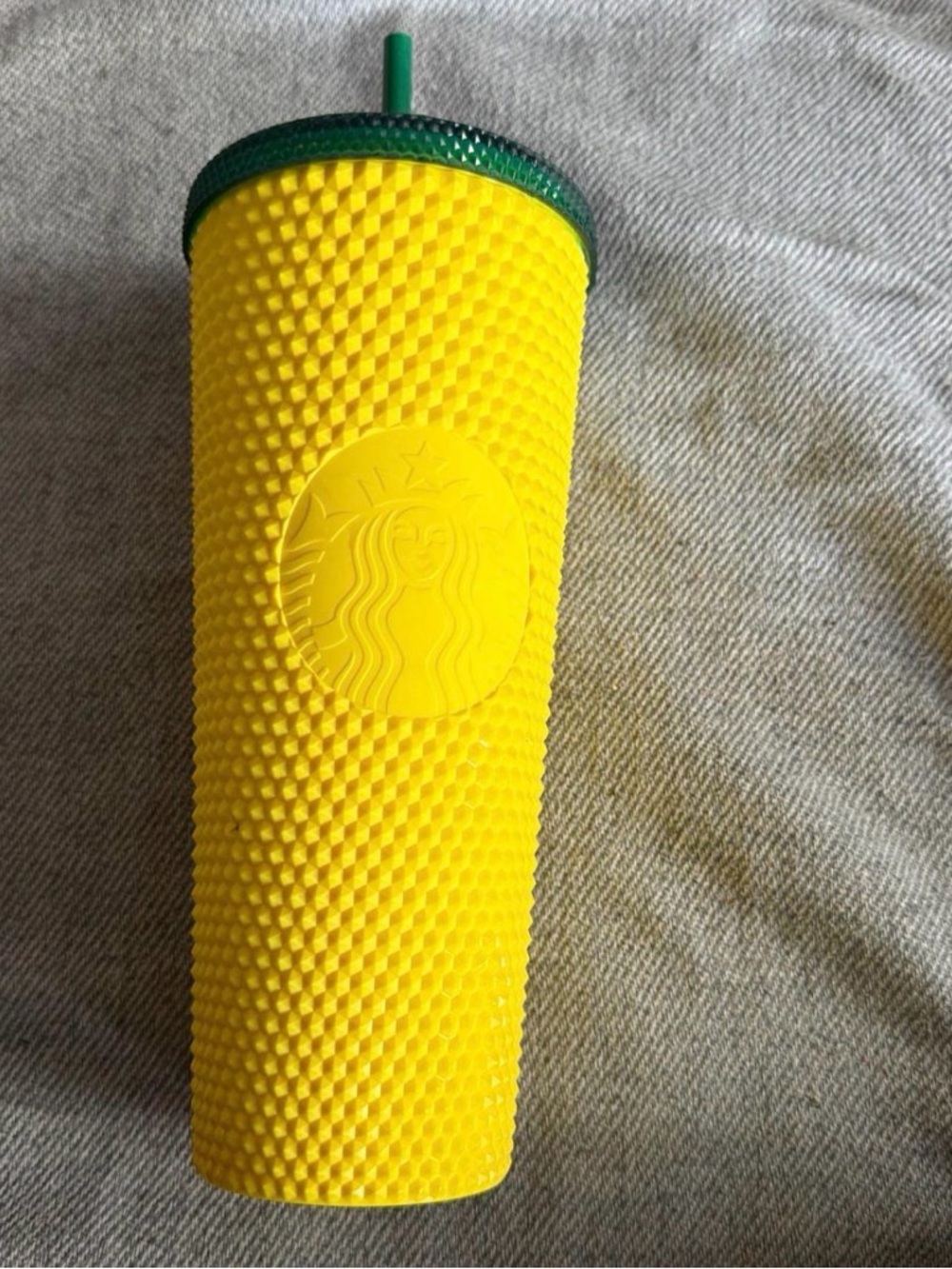 Starbucks Yellow Studded Tumbler with Dark Green Lid and Straw